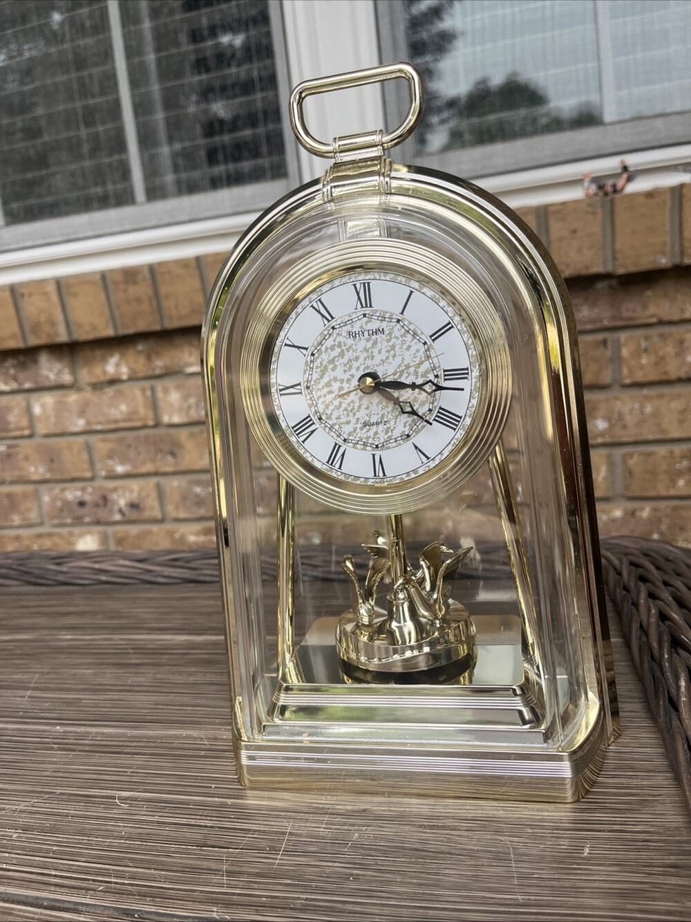 Rhythm Anniversary Mantel Clock Gold Rotating Pendulum Fully Working